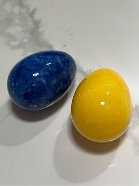 Set of 2 Alabaster Stone Eggs - Blue and Yellow